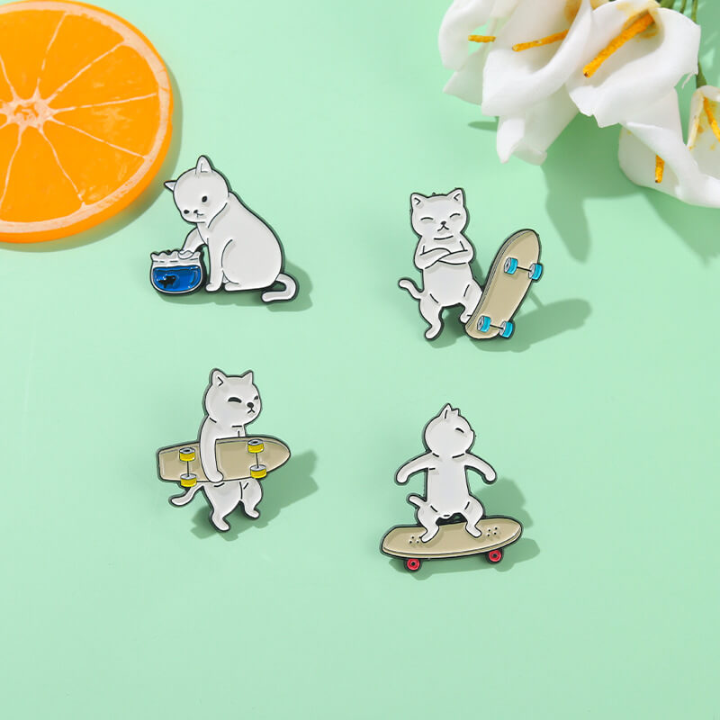 4 Pcs Skateboard Cat Enamel Pin Set