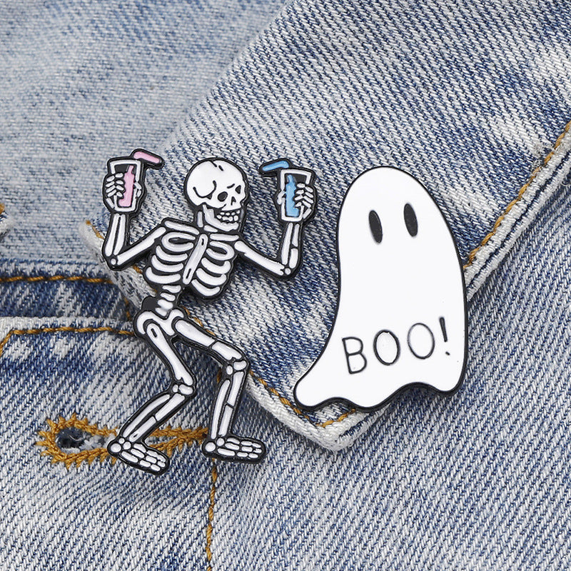 2 Pcs Halloween Dancing Skull BOO Brooch Pin Set