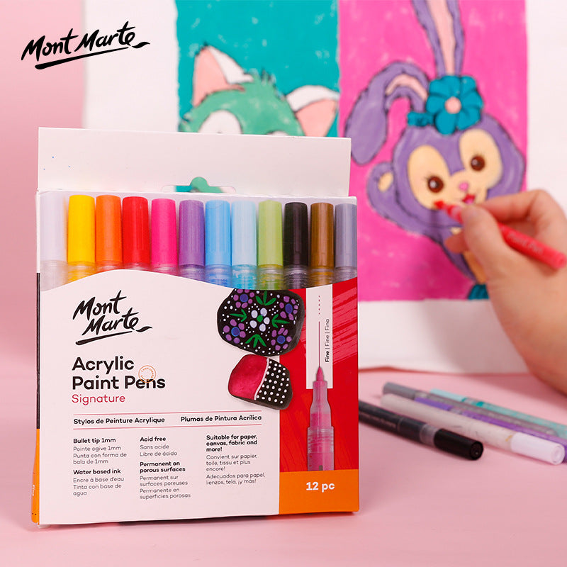 Mont Marte Signature Acrylic Paint Pens, 12 Piece, Waterproof, Suitable for Most Surfaces Including Canvas, Card, Rocks, Fine Bullet Tip (1mm)