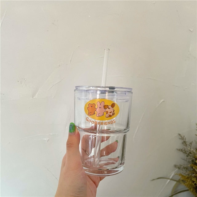 Good Friends Glass Water Cup With Straw & Lid